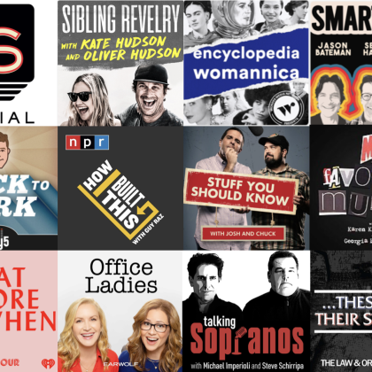 Twelve different podcast posters that are all talked about in the article.